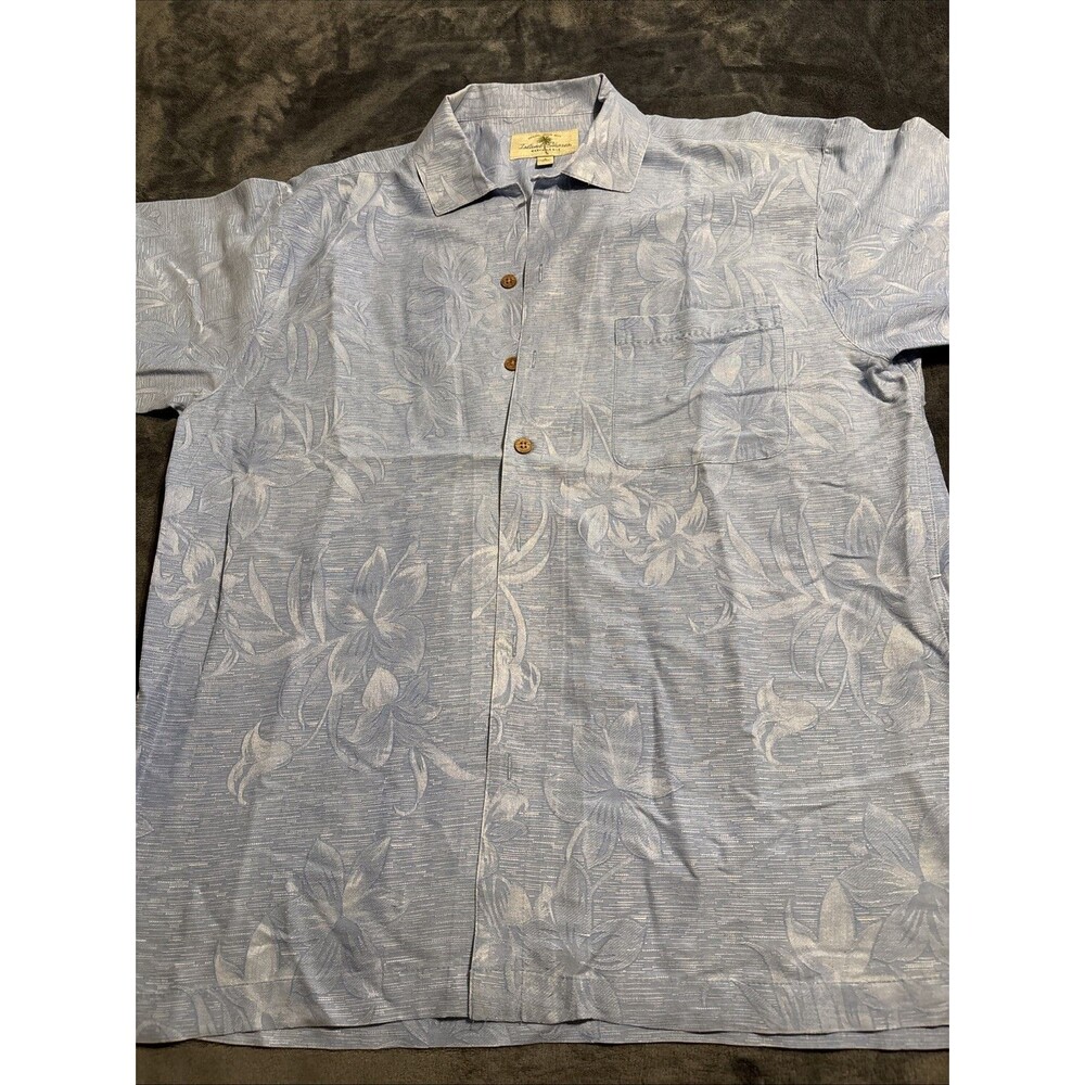#81 Paradise Blue Shirt Mens L Blue Tropical Flower Button Down Short Sleeve